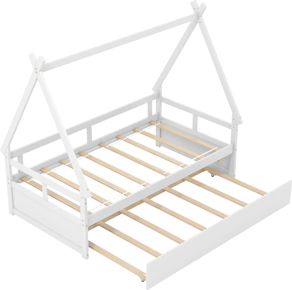 Twin size house bed in white with trundle, safety guardrail, and wooden slat support for sleepovers and space-saving.