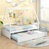 Twin size house bed with trundle in white, featuring safety guardrail and smooth-rolling wheels for sleepovers.