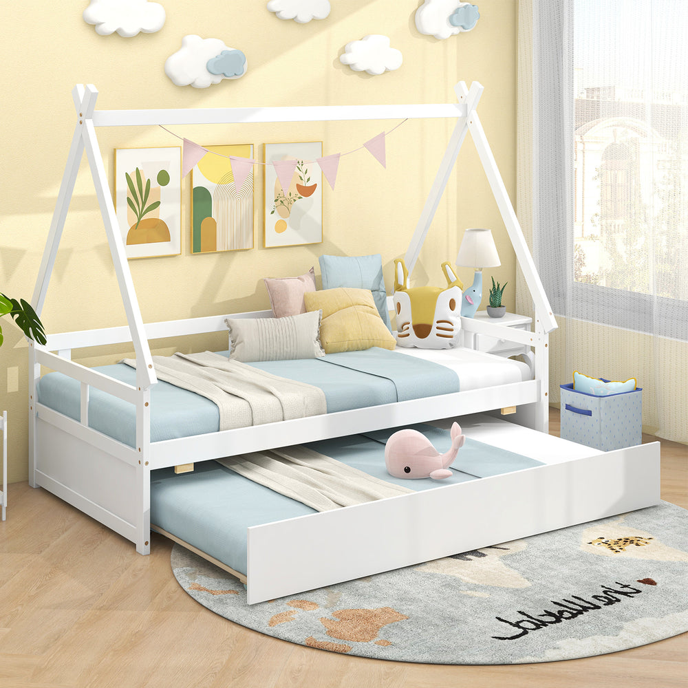 Twin size house bed with trundle in white, featuring safety guardrail and smooth-rolling wheels for sleepovers.