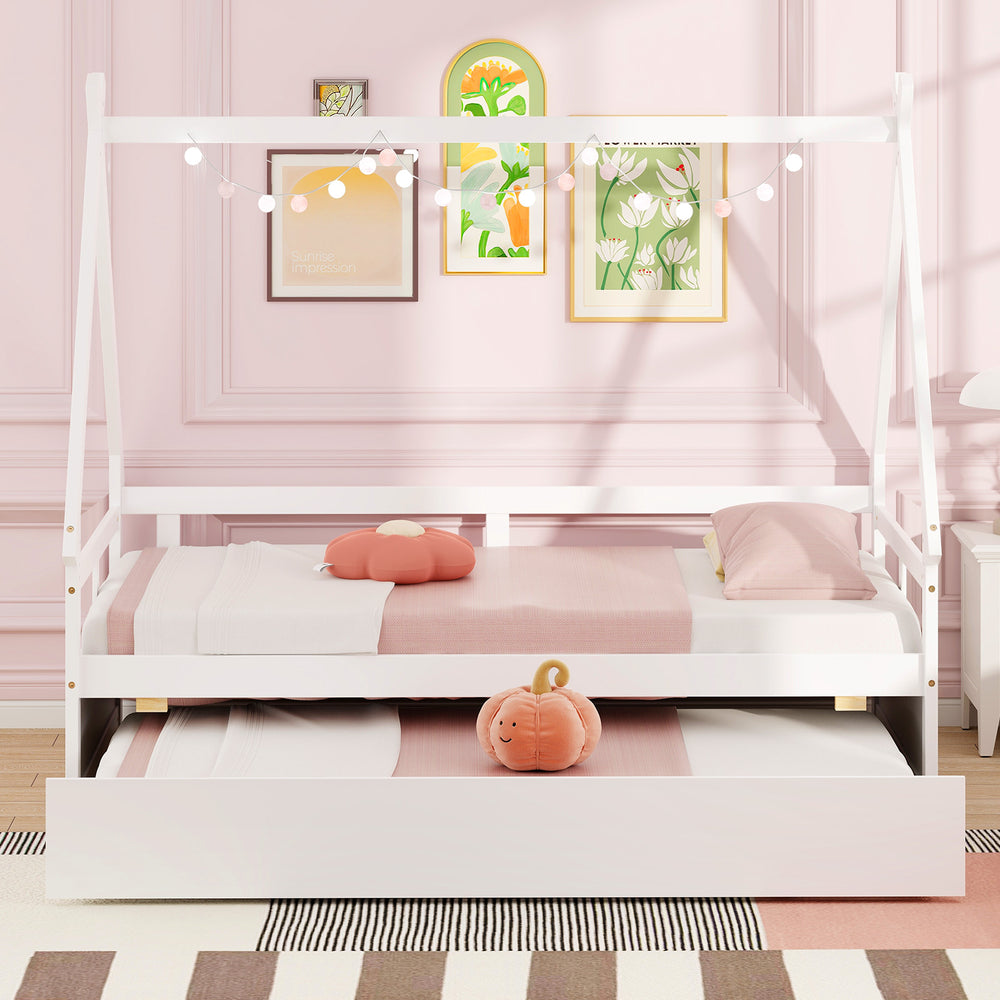 Twin size house bed in white with trundle, safety guardrail, and DIY decor, perfect for sleepovers and space-saving.