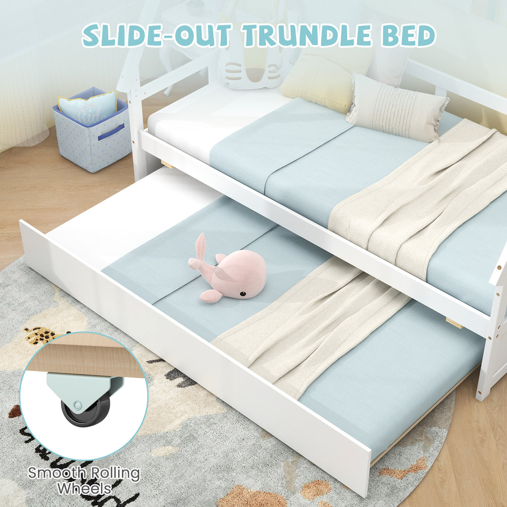 Twin size house bed with slide-out trundle, featuring smooth rolling wheels and safety guardrail for sleepovers.
