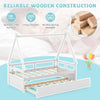 Twin size house bed in white with trundle, safety guardrail, and wooden slat support for durable sleepovers.