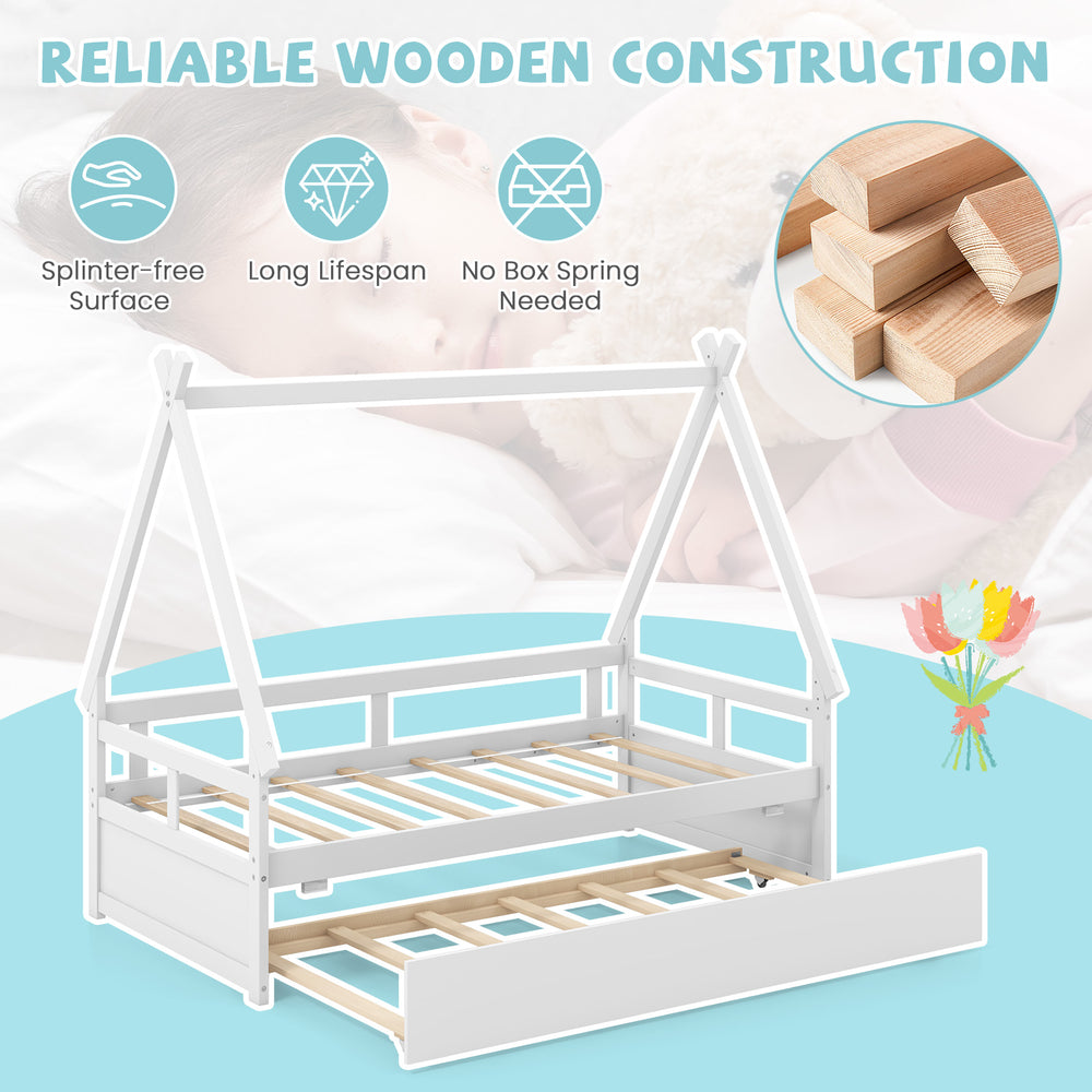 Twin size house bed in white with trundle, safety guardrail, and wooden slat support for durable sleepovers.