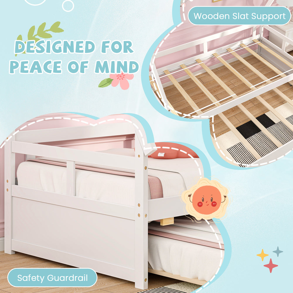 Twin size house bed with trundle, featuring wooden slat support and safety guardrail for secure sleepovers.