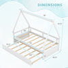 Twin size house bed dimensions with trundle, safety guardrail, and wooden slat support in white for children's rooms.