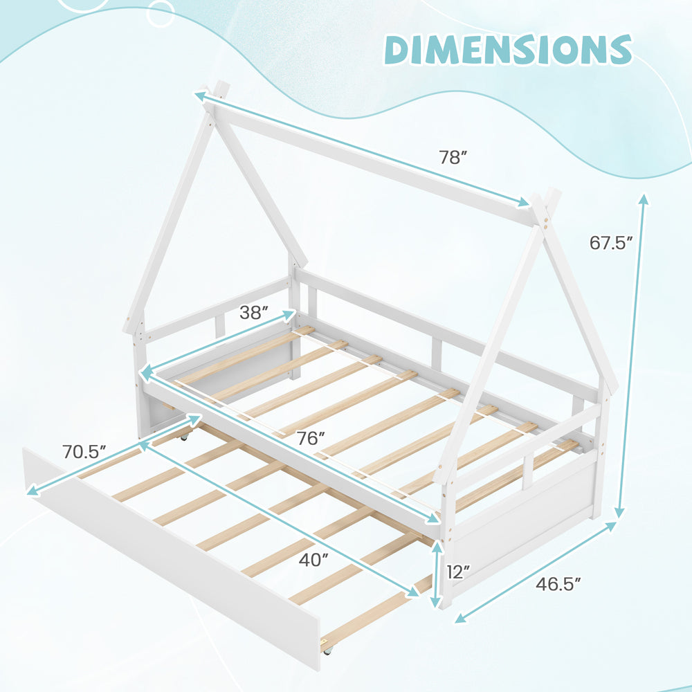 Twin size house bed dimensions with trundle, safety guardrail, and wooden slat support in white for children's rooms.