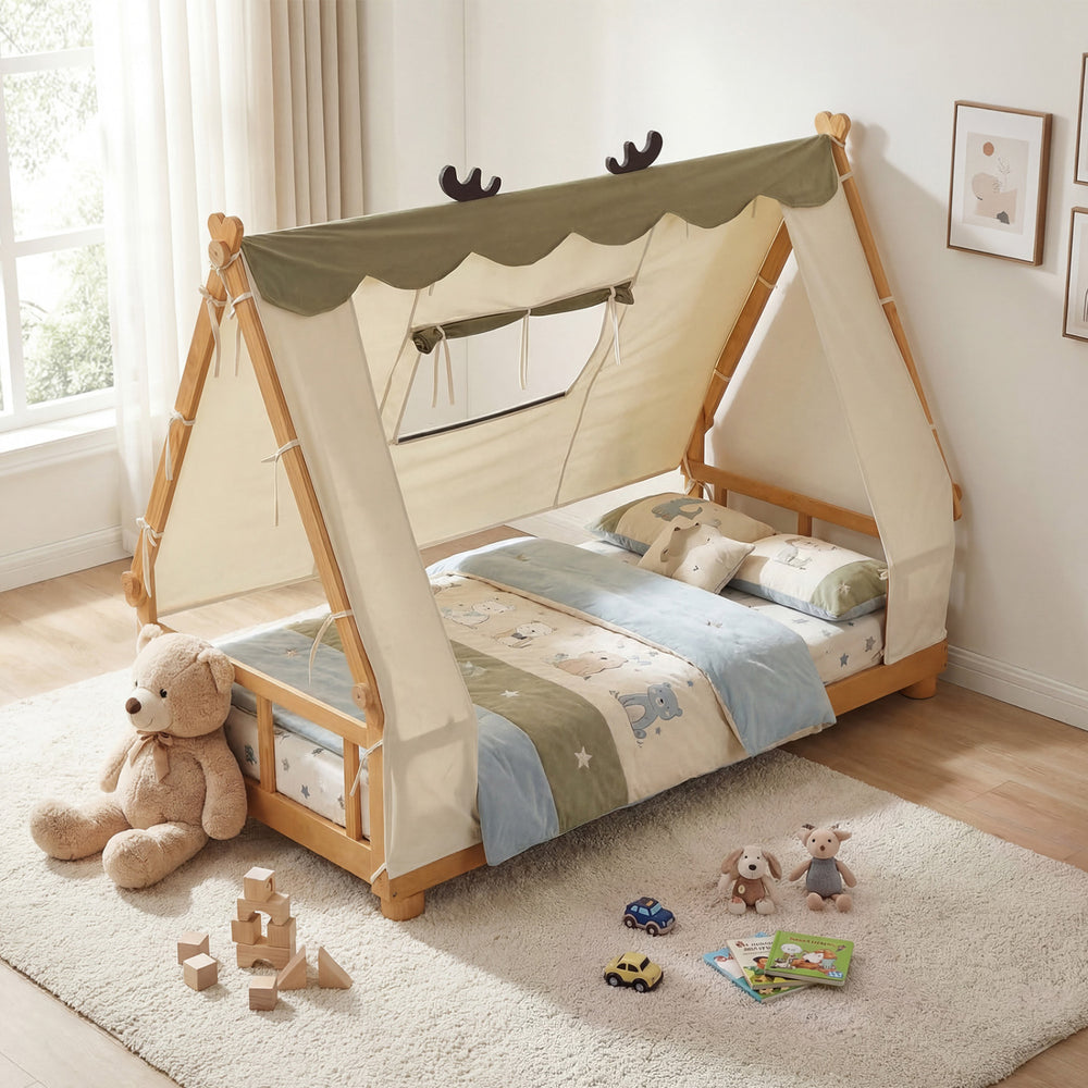 Twin Size House Floor Wood Bed with Tent-Natural - Gallery View 1 of 10