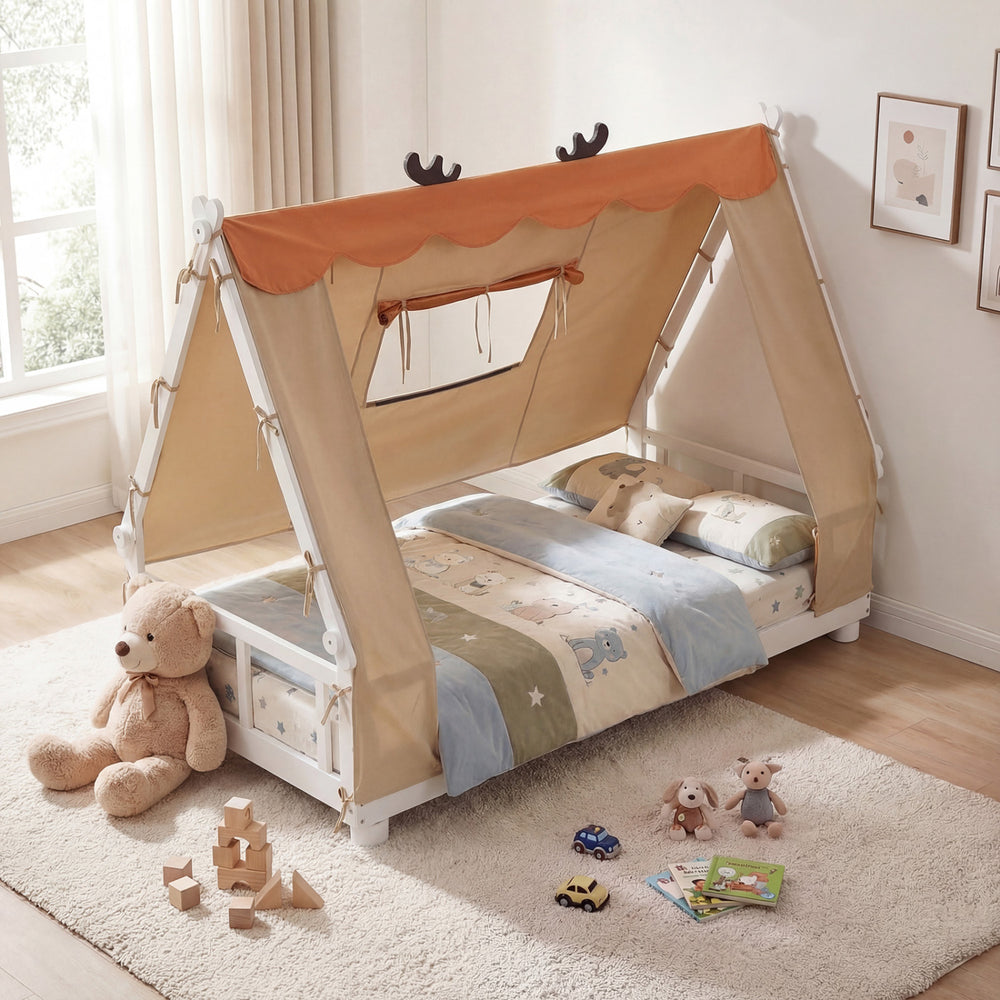 Twin size wooden bed with removable tent, antler-themed frame, and protective side rails for children's cozy sleep.