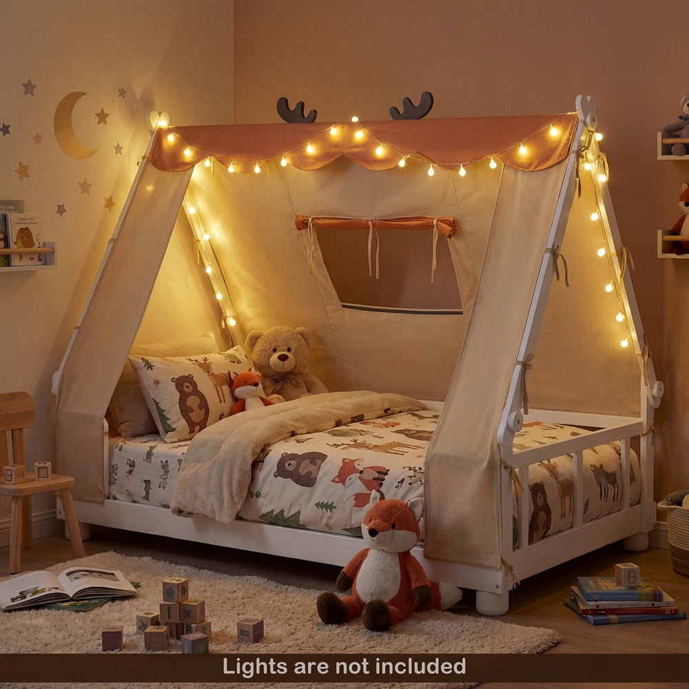 Twin size wooden bed with removable plush tent and antler-themed frame, perfect for cozy children's sleep spaces.