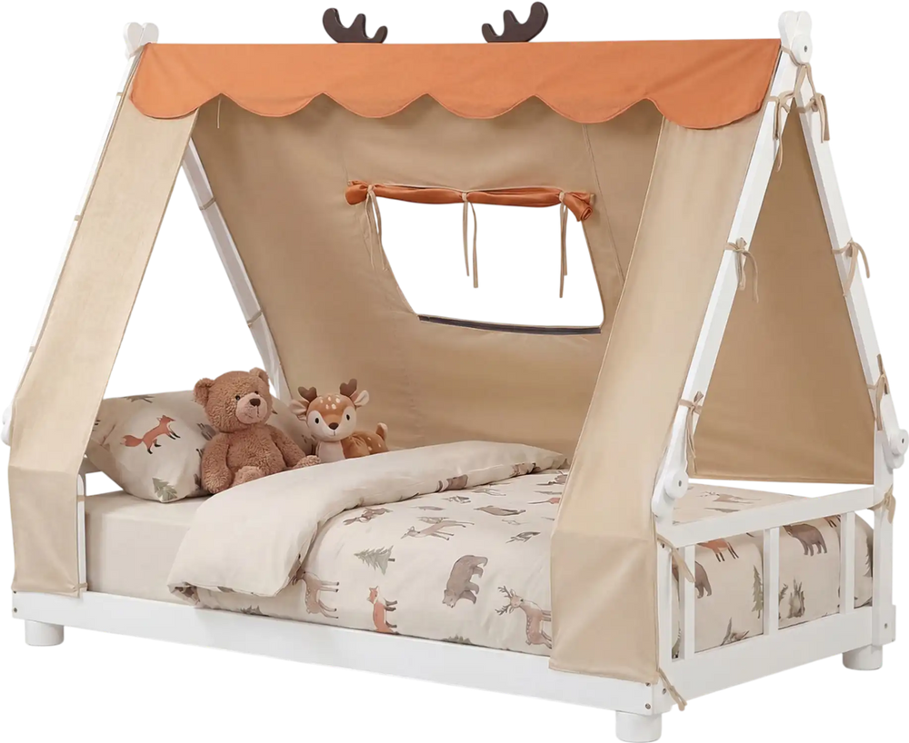 Twin size house bed with removable tent, antler theme, and protective side rails for a cozy children's sleep space.