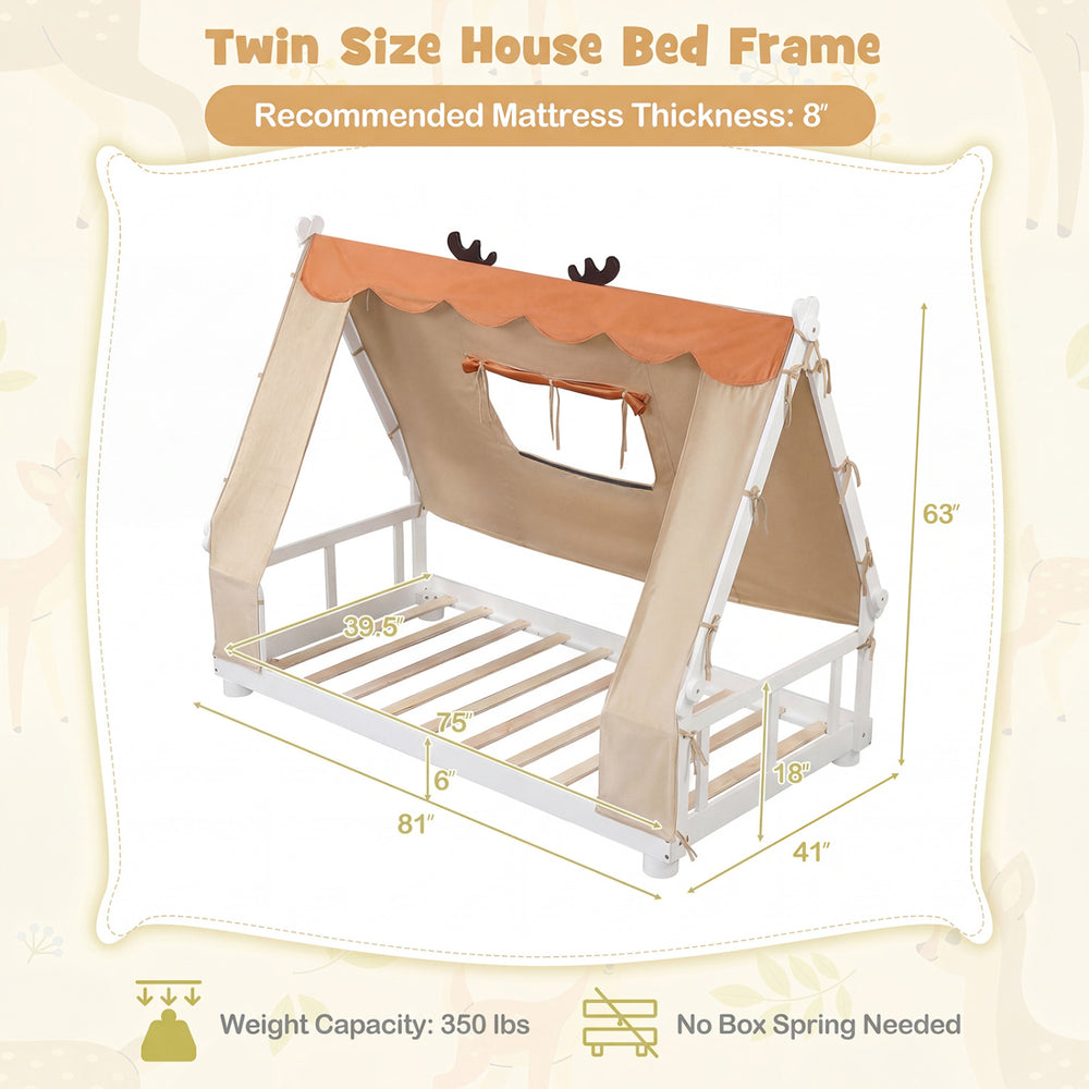 Twin size house bed frame with tent in white, featuring plush velvet fabric and protective side rails for children's.