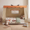 Twin size wooden bed with removable tent, antler theme, and protective side rails for a cozy children's sleep space.