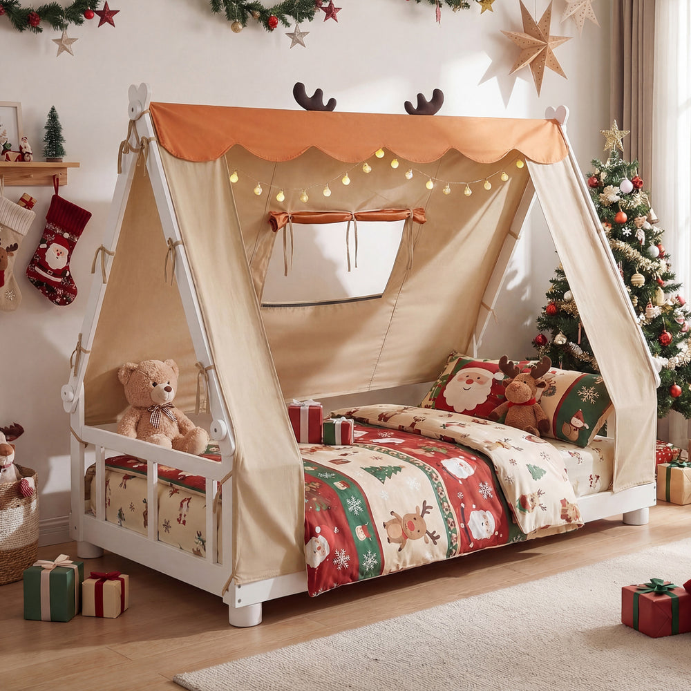 Twin size wooden bed with removable tent, antler theme, and plush fabric for a cozy children's sleep space.