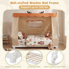 Twin size wooden bed frame with removable tent, antler theme, and protective side rails for children's safety and fun.