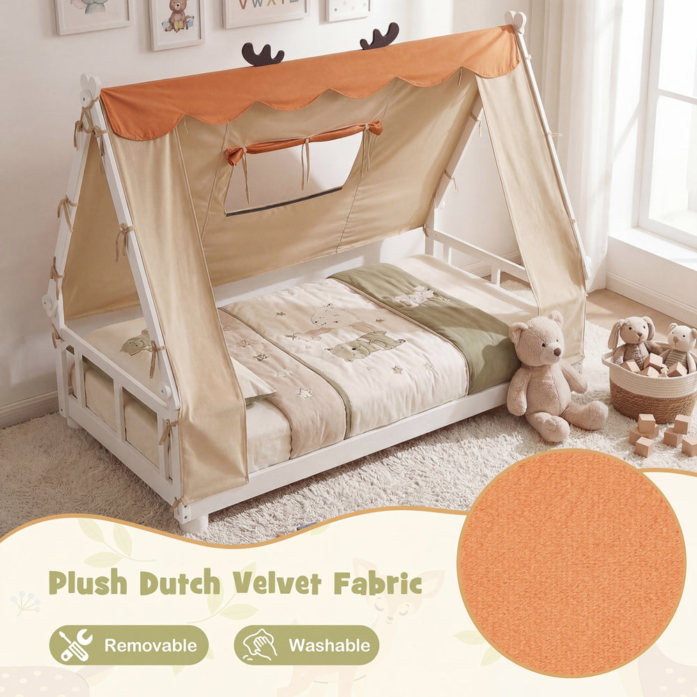 Twin size house bed with removable plush Dutch velvet tent, featuring antler design and protective side rails for kids.