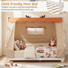 Twin size house floor bed with removable tent, protective side rails, and whimsical antler theme for children's.