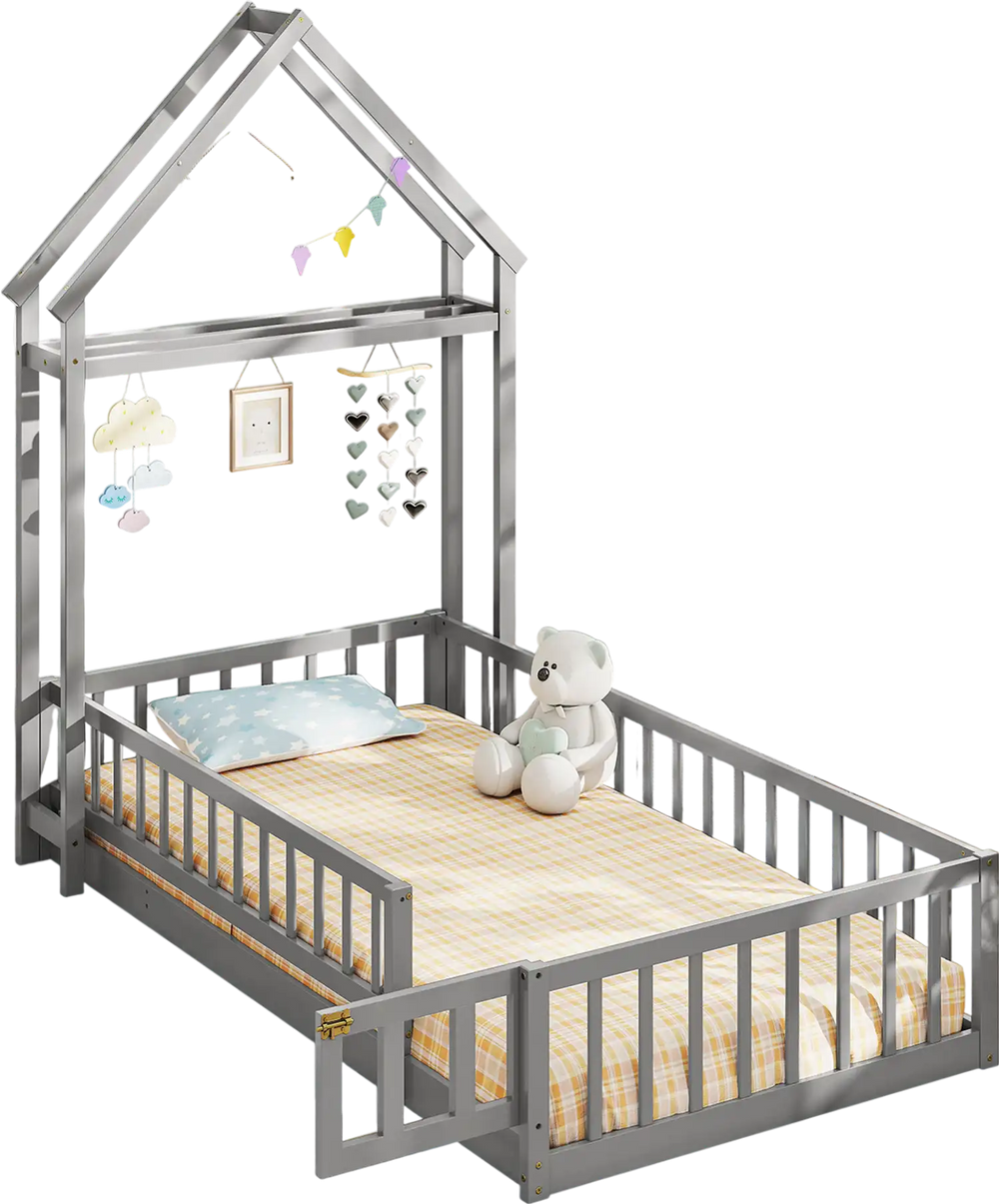 Twin size gray house floor bed with headboard, low design, and guardrails for kids' safety and independence.
