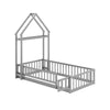 Twin size house floor bed in gray with house-shaped headboard and secure guardrails for kids' independence and safety.