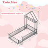 Twin size house floor bed in gray with house-shaped headboard, low-to-ground design, and secure guardrails for kids.