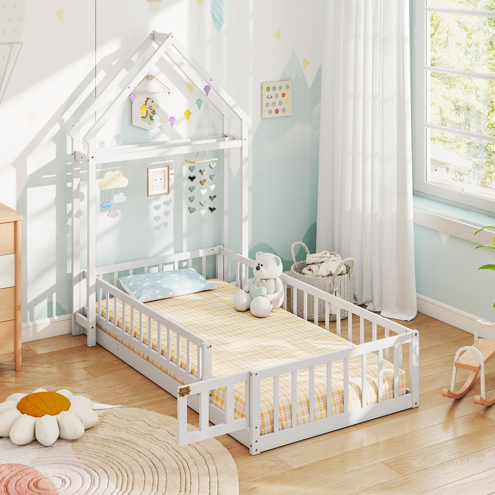 Twin Size House Floor Bed with House-shaped Headboard-White - Gallery View 1 of 8