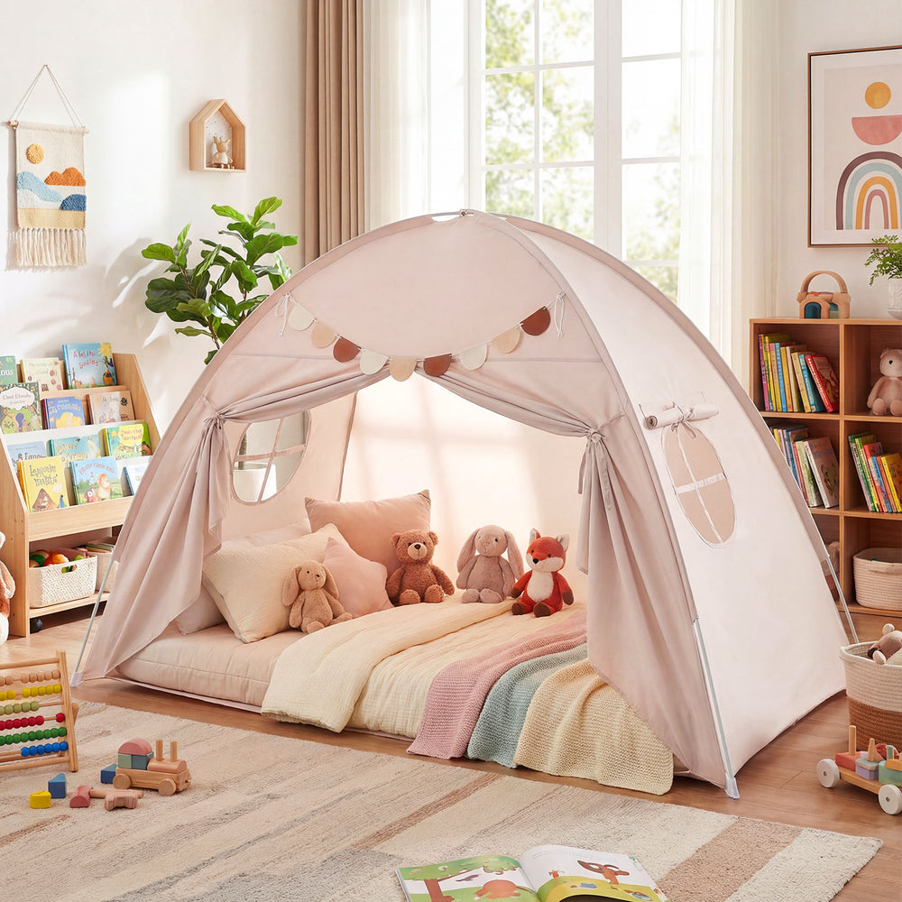 Twin Size Indoor Canopy Tent for Kids with 2 Window and Suits 3+-Beige - Gallery View 1 of 11