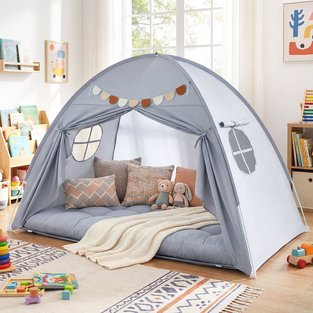 Twin Size Indoor Canopy Tent for Kids with 2 Window and Suits 3+-Grey - Gallery View 1 of 10