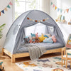Twin size indoor canopy tent for kids in grey, featuring windows and curtains, perfect for playrooms or bedrooms.