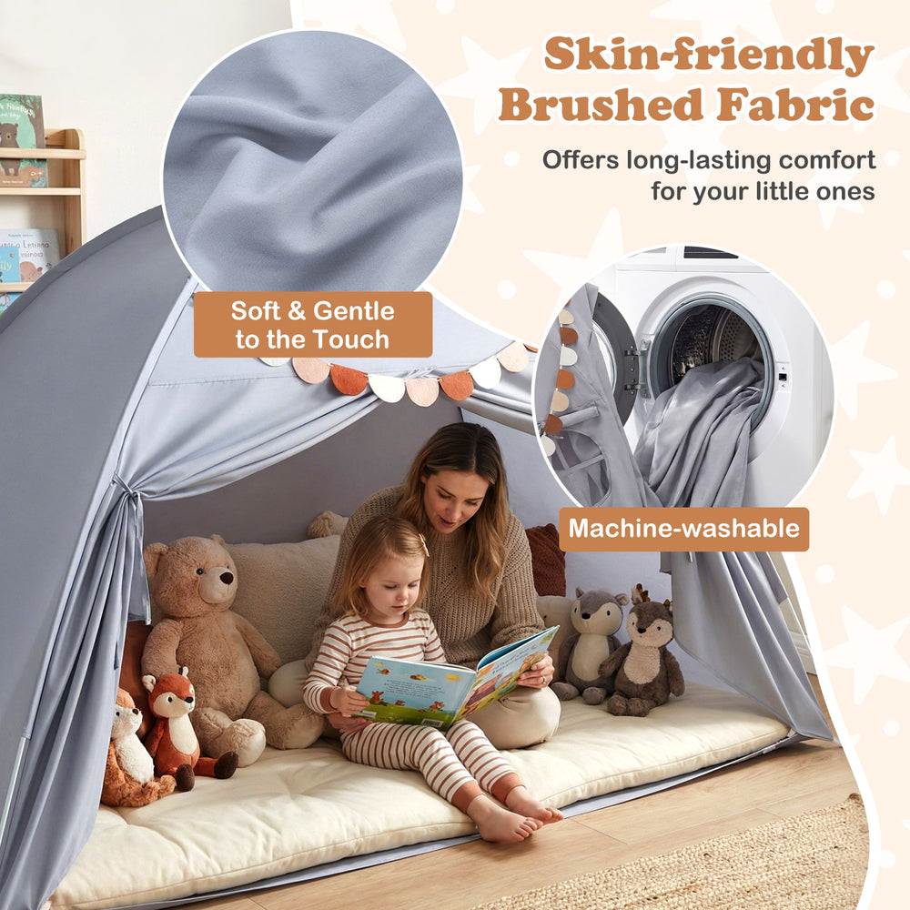 Twin size indoor canopy tent in grey with brushed fabric, featuring two windows and machine-washable design for kids'.