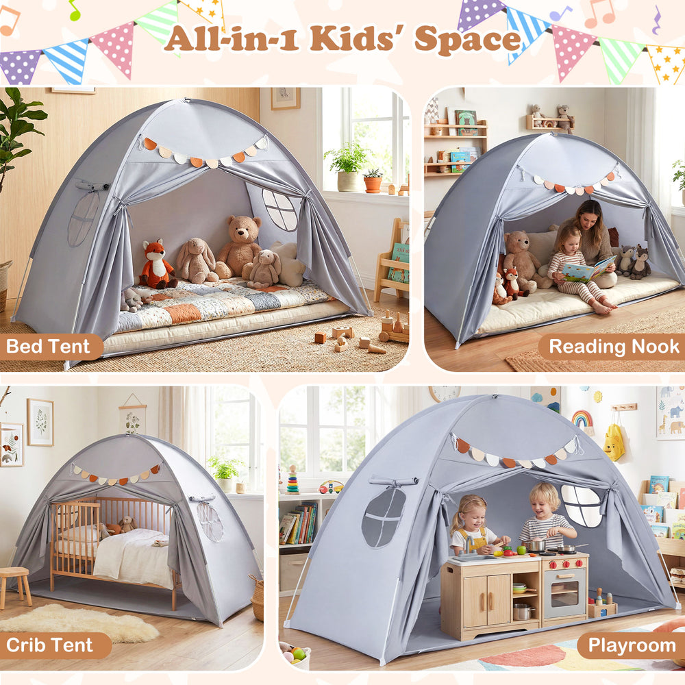 Twin size indoor canopy tent for kids in grey, featuring windows and versatile use as a bed tent or playhouse.