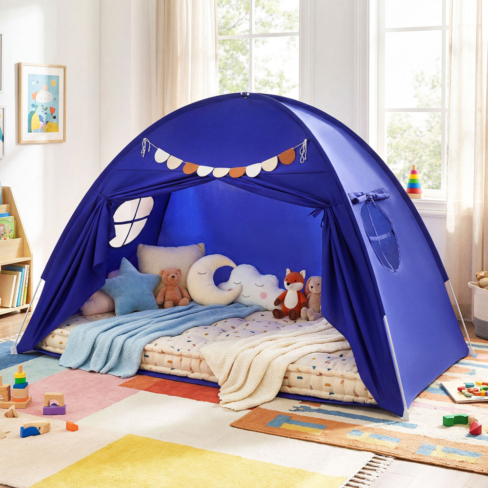 Twin Size Indoor Canopy Tent for Kids with 2 Window and Suits 3+-Navy - Gallery View 1 of 10