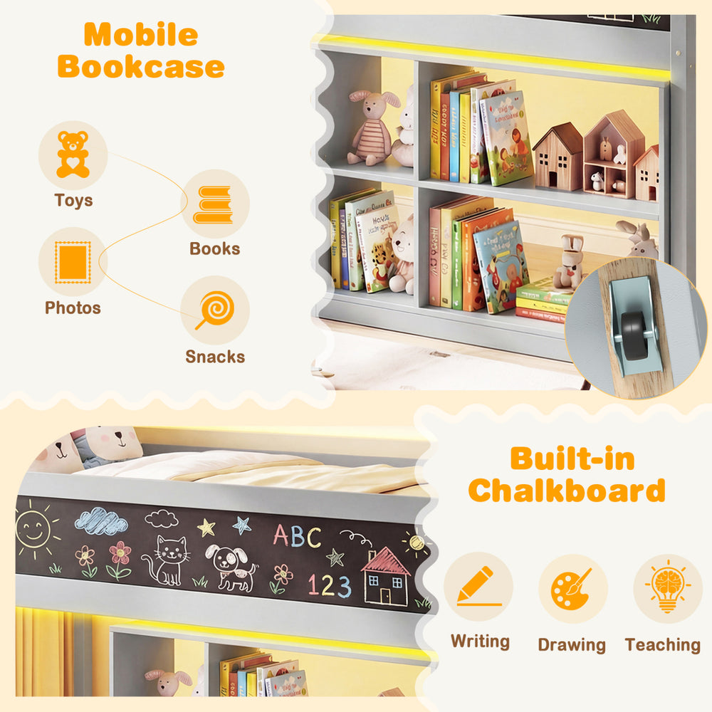 Twin size kids loft bed with removable mobile bookcase and built-in chalkboard for creative play and storage.