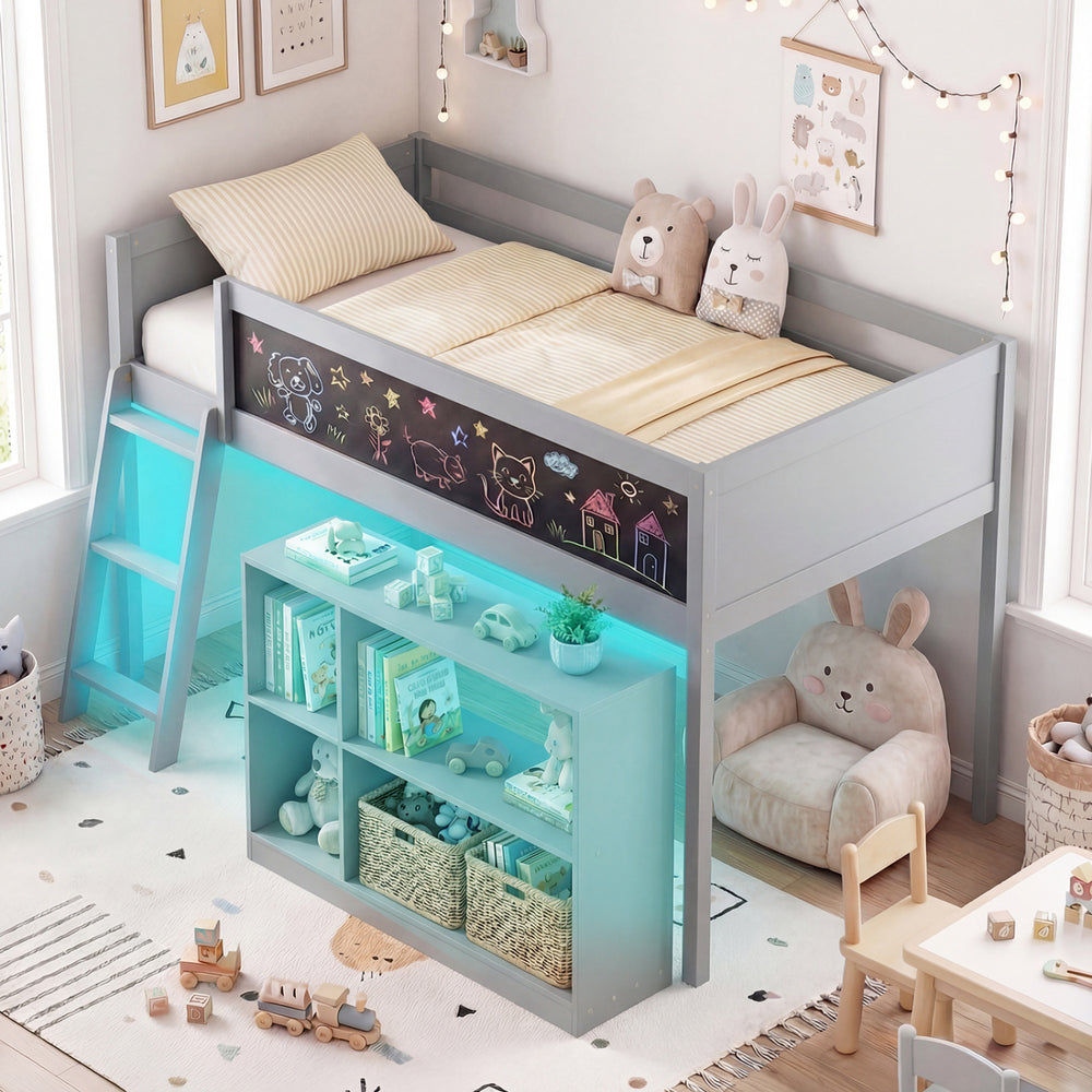 Gray twin size kids loft bed showcasing a cozy under-bed reading nook with a mobile bookcase and adjustable LED lights.