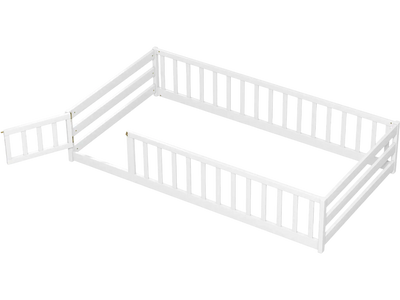 Costway Twin Kids Wood Montessori Floor Bed w/ Door Fence 45876239 New
