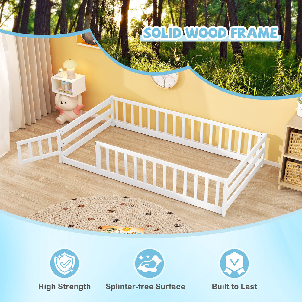 Twin size white Montessori floor bed with door and fence, featuring solid wood construction for safety and durability.