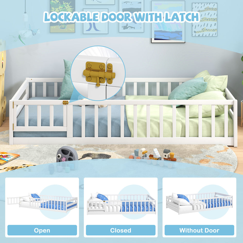 Twin size kids wood Montessori floor bed in white with lockable door, ideal for safe and easy access for children.