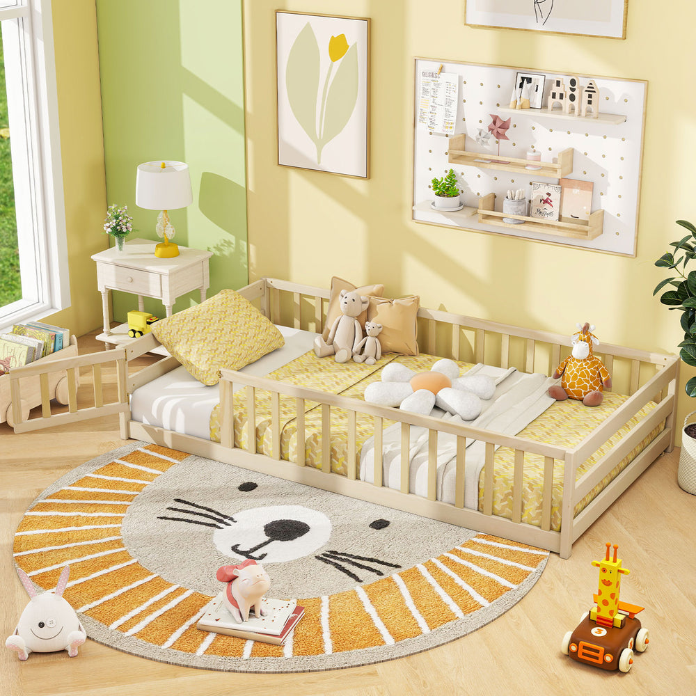 Twin Size Kids Wood Montessori Floor Bed with Door and Fence-Natural - Gallery View 1 of 10