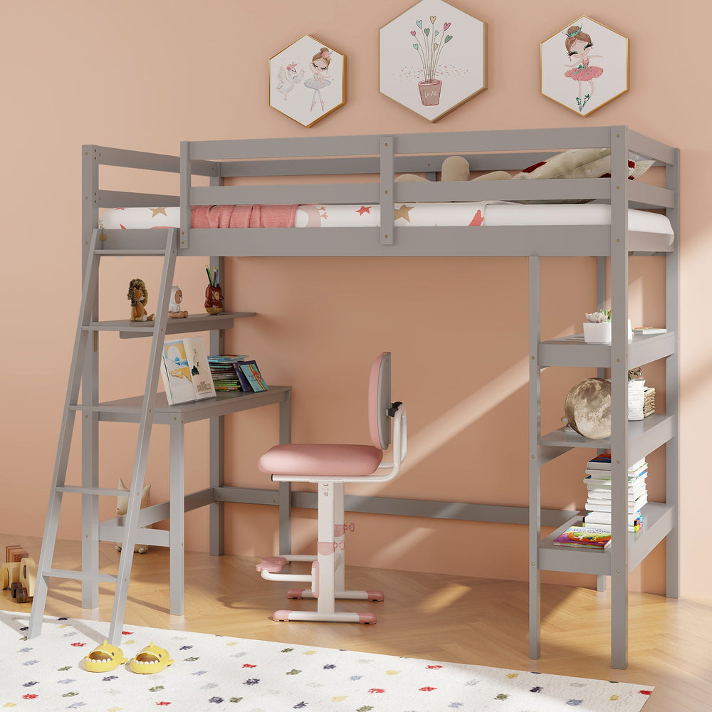 Twin Size Loft Bed with Desk and Bookshelves for Kids and Teens-Gray - Gallery View 1 of 14