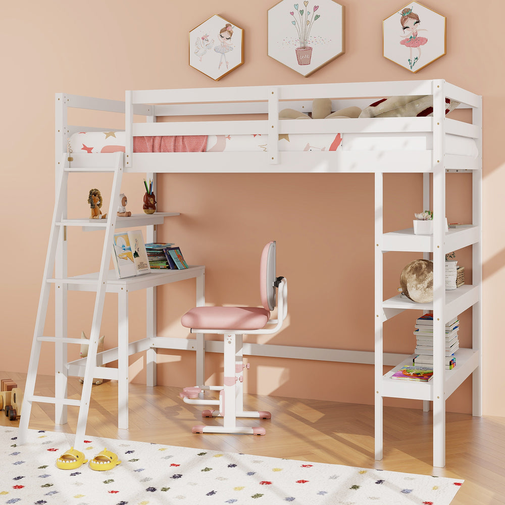 Twin Size Loft Bed with Desk and Bookshelves for Kids and Teens-White - Gallery View 1 of 14