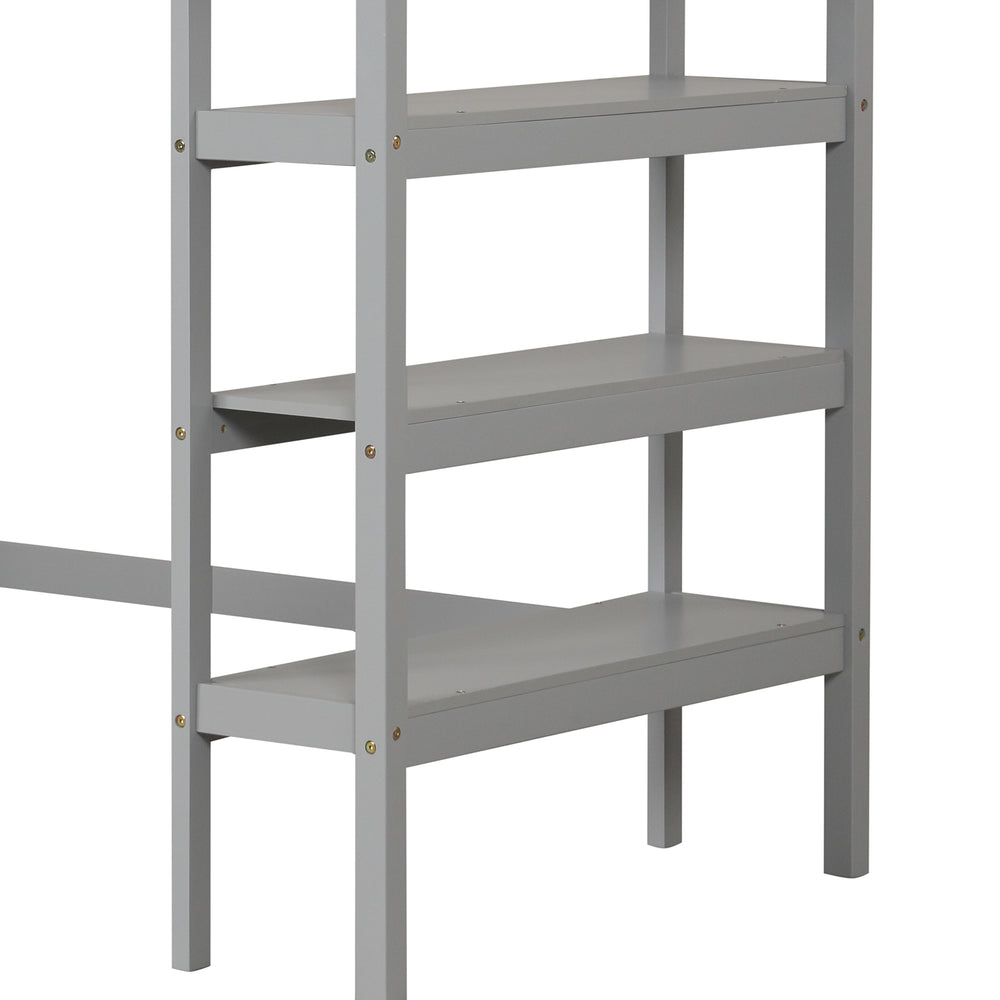 Gray wooden loft bed with integrated desk and bookshelves, featuring sturdy slats and full-length guardrails for safety.
