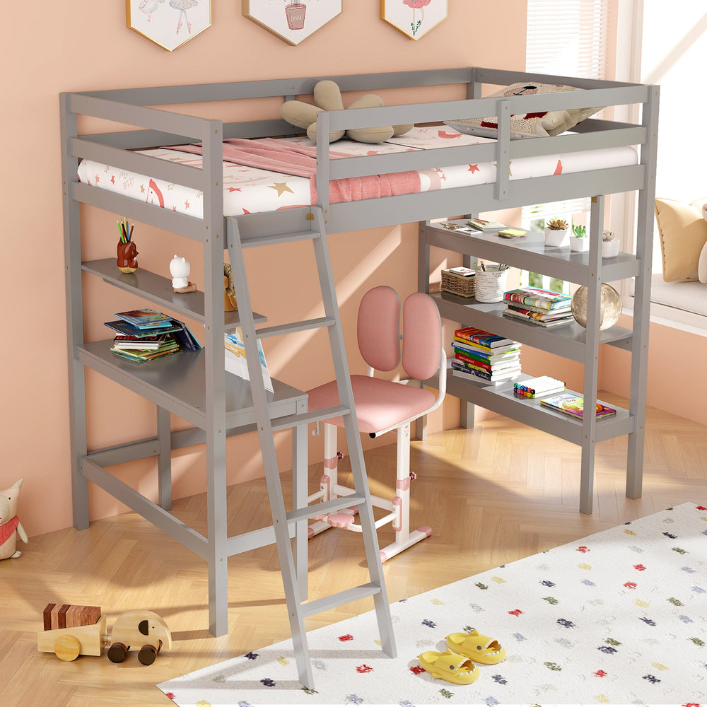 Gray twin size loft bed with integrated desk and bookshelves, featuring a sturdy design and maximizing floor space for.