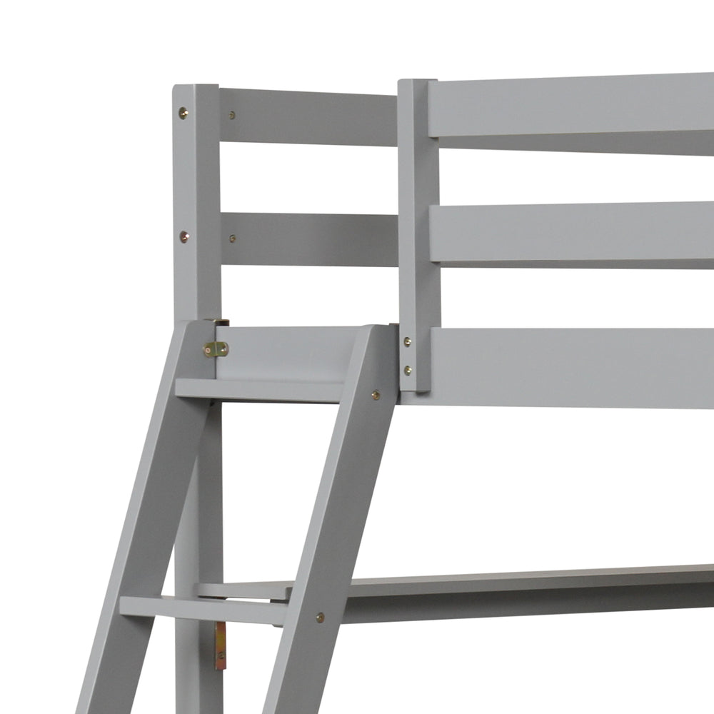 Twin size loft bed in gray with integrated ladder and guardrails, featuring a desk and bookshelves for kids' rooms.