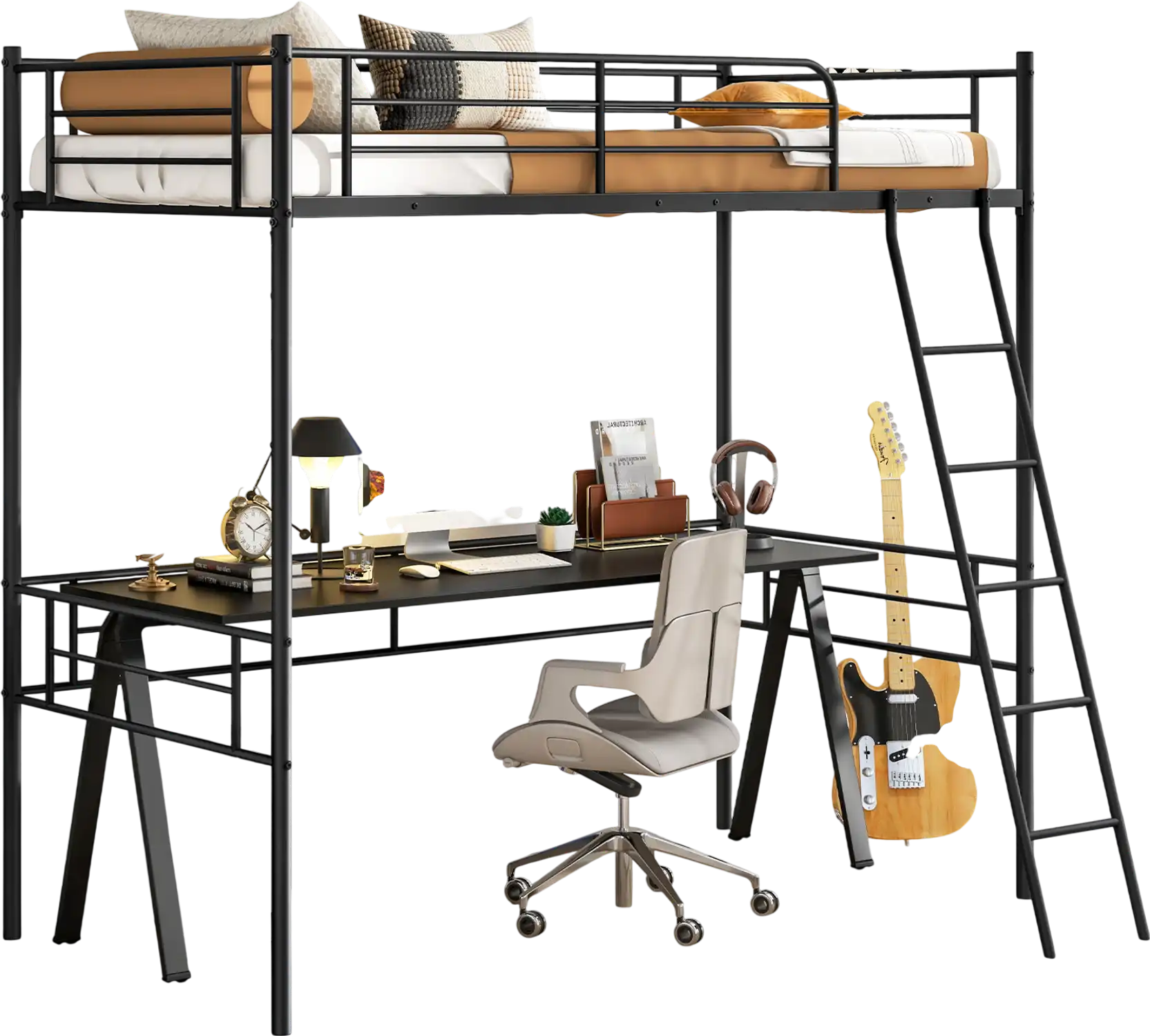 Costway Twin Loft Bed Metal Frame Ladder Guardrails Black 82415379 New