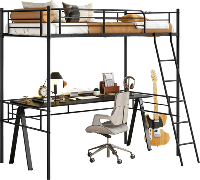 Costway Twin Loft Bed Metal Frame Ladder Guardrails Black 82415379 New