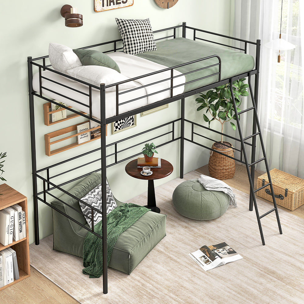 Twin size loft bed in black metal frame with ladder and guardrails, ideal for maximizing space for gaming or study.