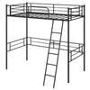 Twin size loft bed frame in black with ladder and guardrails, designed for space utilization and stability.