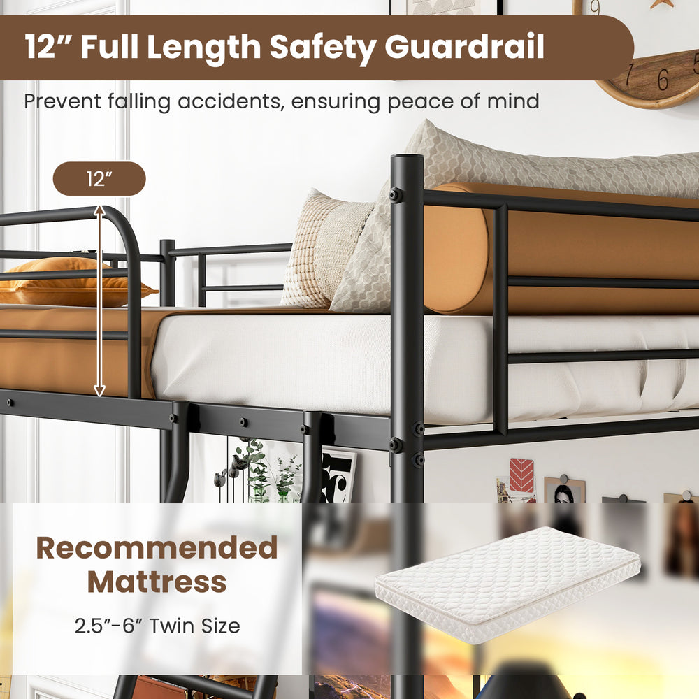 Twin size loft bed with a 12" safety guardrail and ladder, designed for space utilization and stability.