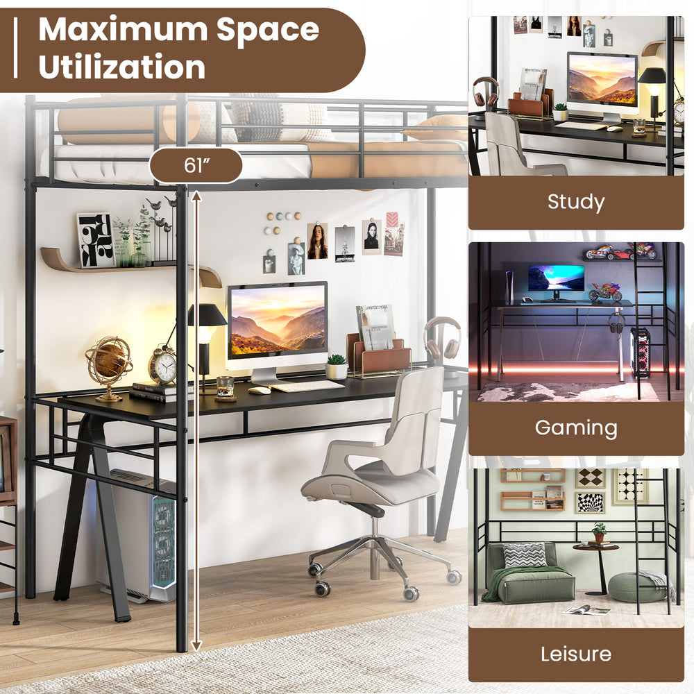 Twin size loft bed frame in black with 61" under bed space, ideal for study, gaming, or leisure activities.