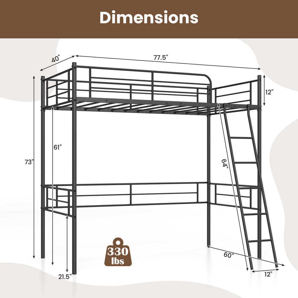 Dimensions of the Twin Size Loft Bed with ladder and guardrails, featuring a sturdy metal frame and 330 lbs capacity.