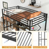 Twin size loft bed in black with desk, 2 storage shelves, and secured 4-step ladder for space-saving functionality.