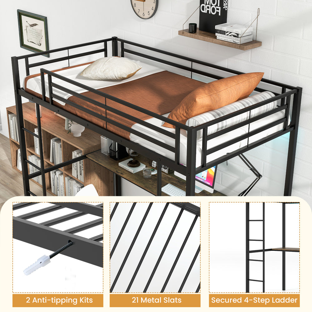 Twin size loft bed in black with desk, 2 storage shelves, and secured 4-step ladder for space-saving functionality.